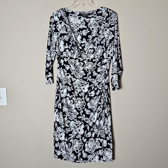 Lauren Ralph Lauren Size 10 Black & White Floral Long Sleeve‎ Midi Wrap Dress - Picture 1 of 12